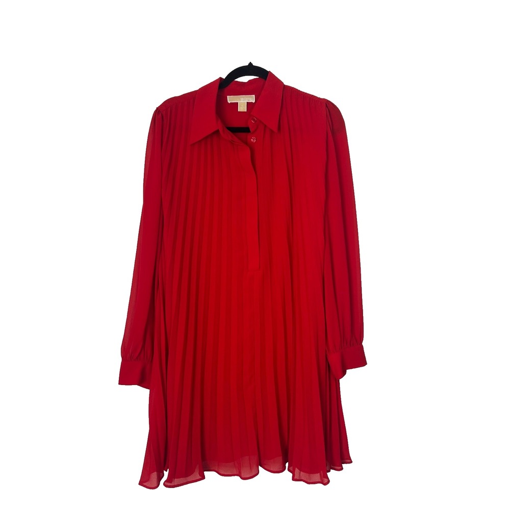 Michael Michael Kors Shirt Dress SZ 10 Red Georgette Pleated Plisse Button Front
